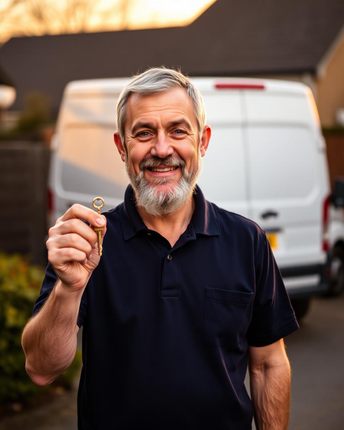 Mark Waller, owner of Mark's Locksmith LLC in Lansing, holding a brass key beside his service van